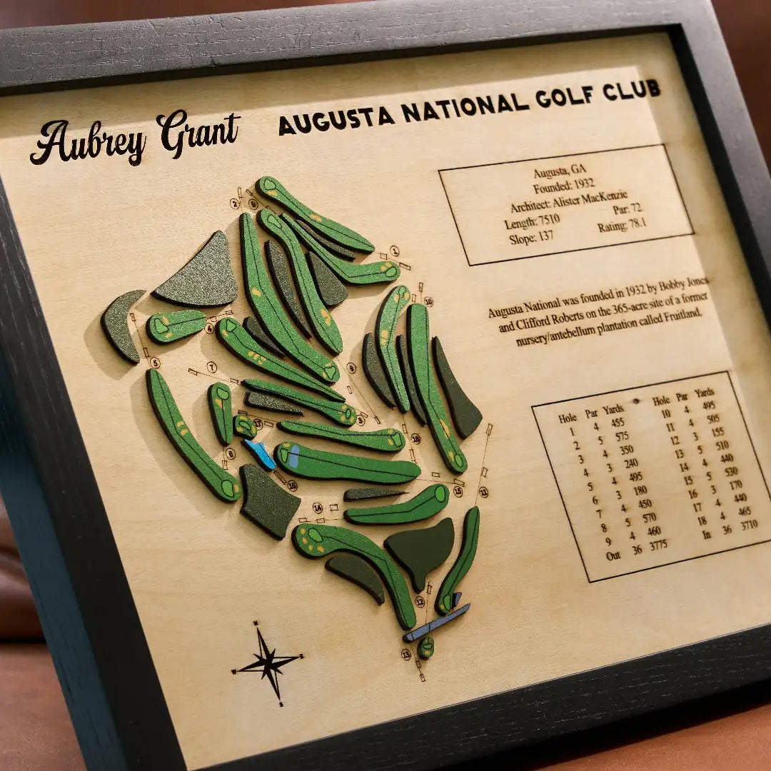 custom Wooden golf course map with engraved details on a wooden plaque, framed by Augusta National Golf Club.