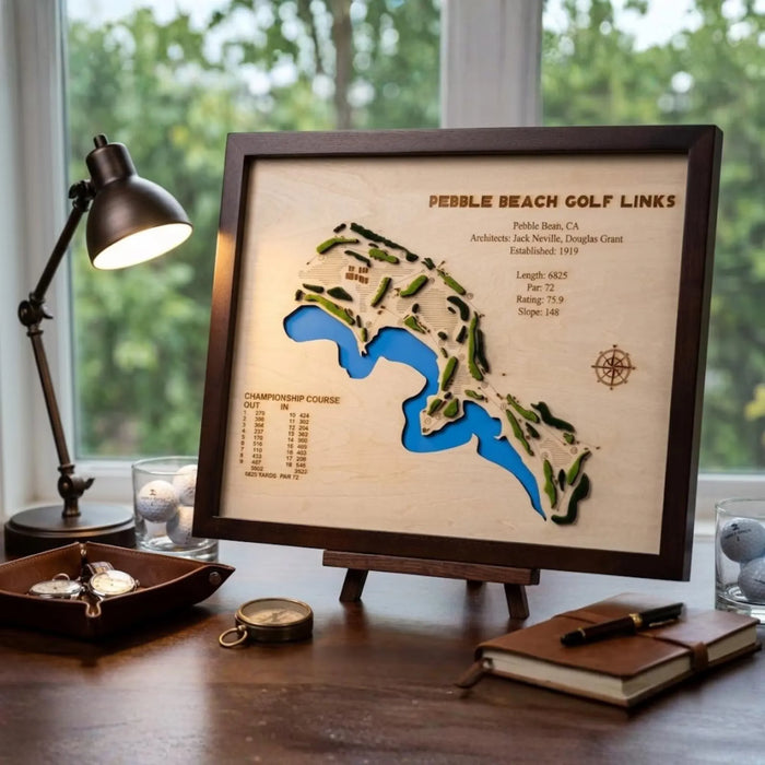 Pebble Beach Golf Links wooden relief map with water features and course details. Golf balls and compass nearby.