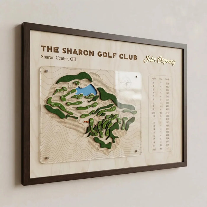 Framed 3D wooden map of The Sharon Golf Club with scorecard and course layout.