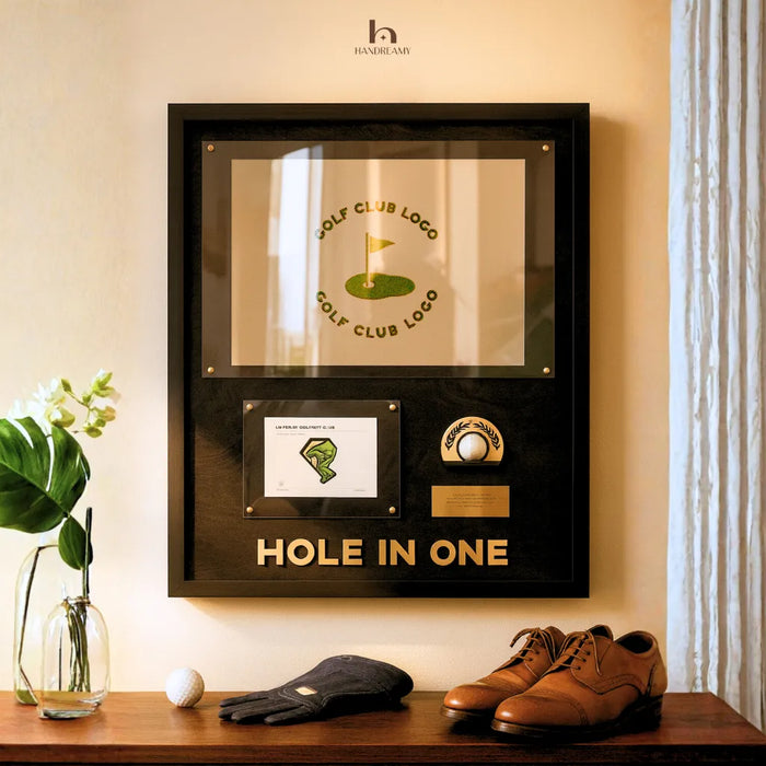 Framed 'Hole in One' golf trophy on a shelf with a plant and shoes in the background.