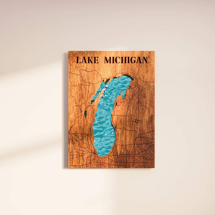 lake michigan wood map, lake michigan map art, lake michigan art, custom lake map, wooden lake map, lake map art, lake house gift, lake wall art, lake house decor