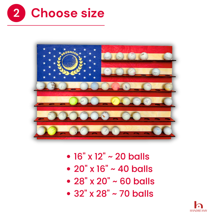 Display of balls arranged in a pattern resembling an American flag with size options listed.