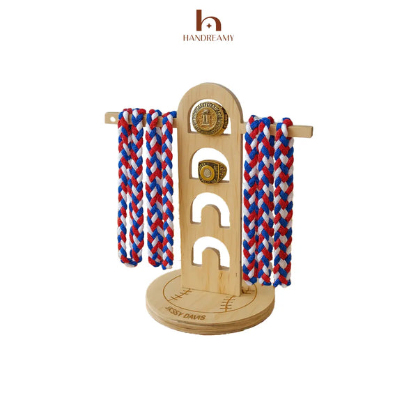 Wooden rope ladder with red, white, and blue ropes on a white background, featuring the Handreamy brand.