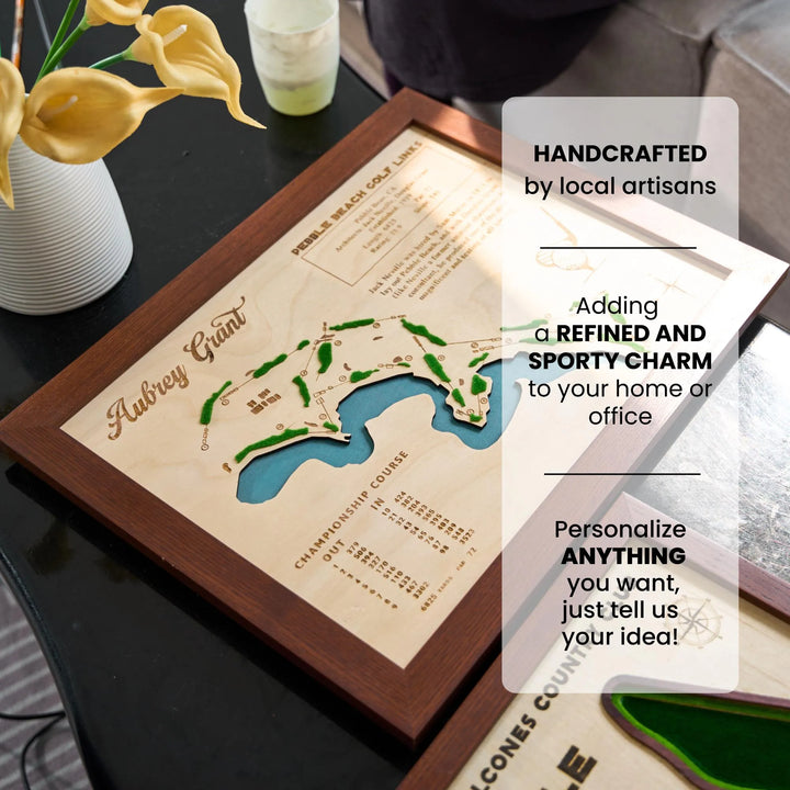 Wooden map plaque with engraved text on a table with decorative elements.