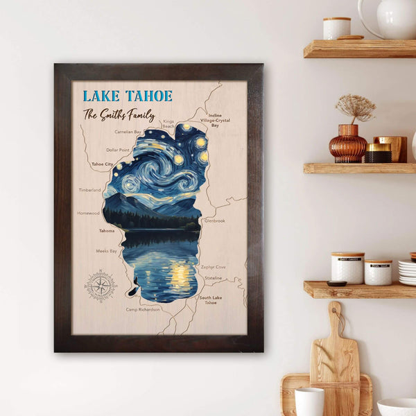 lake tahoe wood map, custom lake wood map, engraved lake map