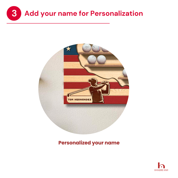 Personalized golf ball marker with American flag design and text on a white background