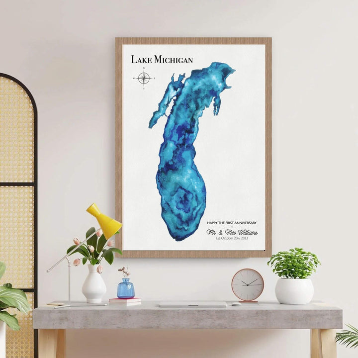 lake artwork, lake painting, lake map art, custom lake map, lake art