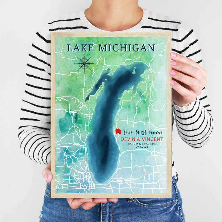 handpainted lake map art, lake map art, lake art, watercolor lake painting, lake painting, custom lake map, lake wall art, lake gift, lake house gift, our first home gift