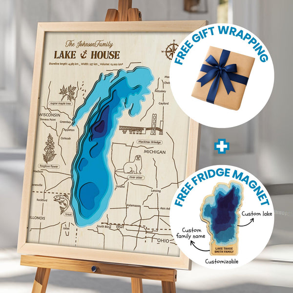 Lake and house map with free gift wrapping and fridge magnet offer on a stand.