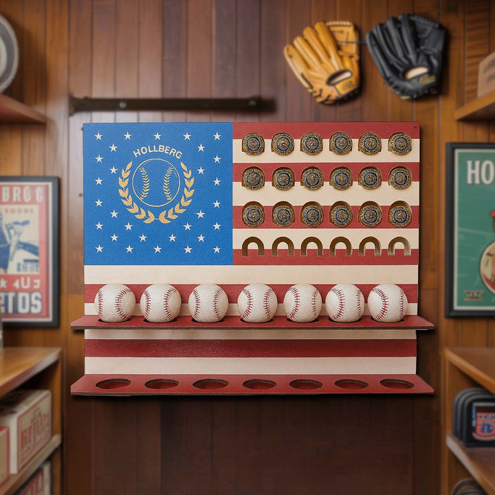 Baseball display case with American flag design, baseballs, and awards on a wooden wall.