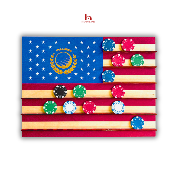 American flag-themed wall art with colorful poker chips on a white background