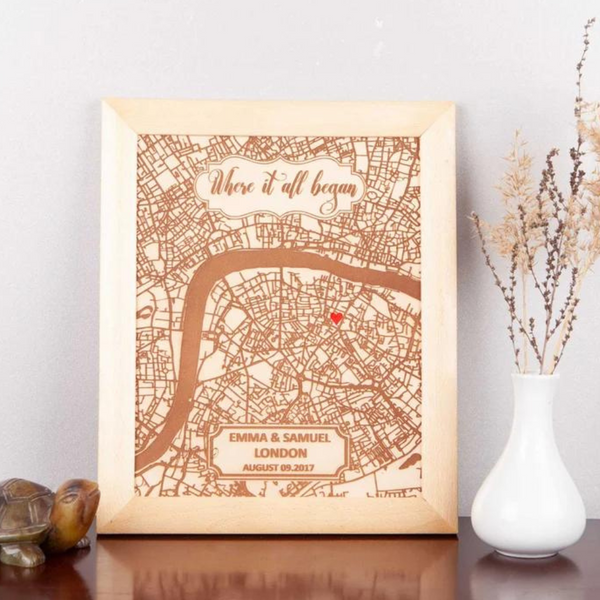 Personalized Wooden Framed Map Wall Art -3rd Anniversary Gift