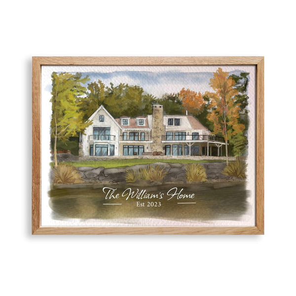 lake house portrait painting, lake house artwork, lake house painting