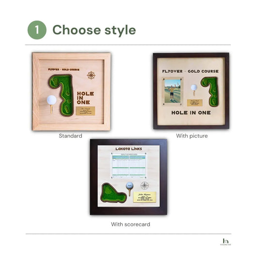 Three framed golf-themed items with different styles on a white background.