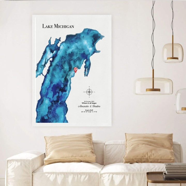 custom lake map, lake artwork, anniversary gift & lake decor, watercolor lake painting, lake wall art