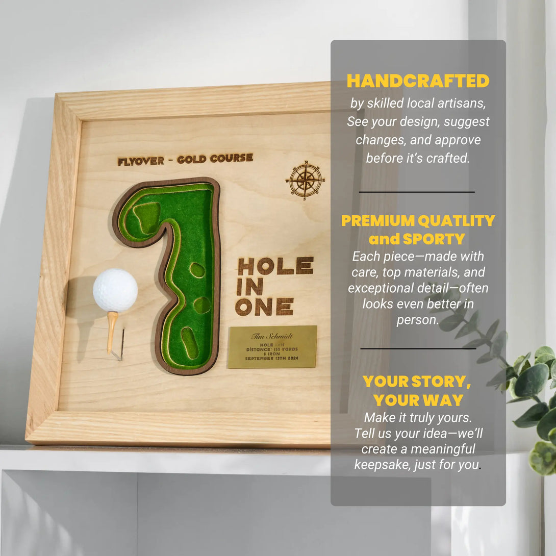 Wooden plaque with golf design and text on a white surface