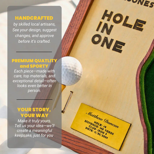 Wooden plaque with 'Hole in One' text, golf ball, and personalized message on a white background