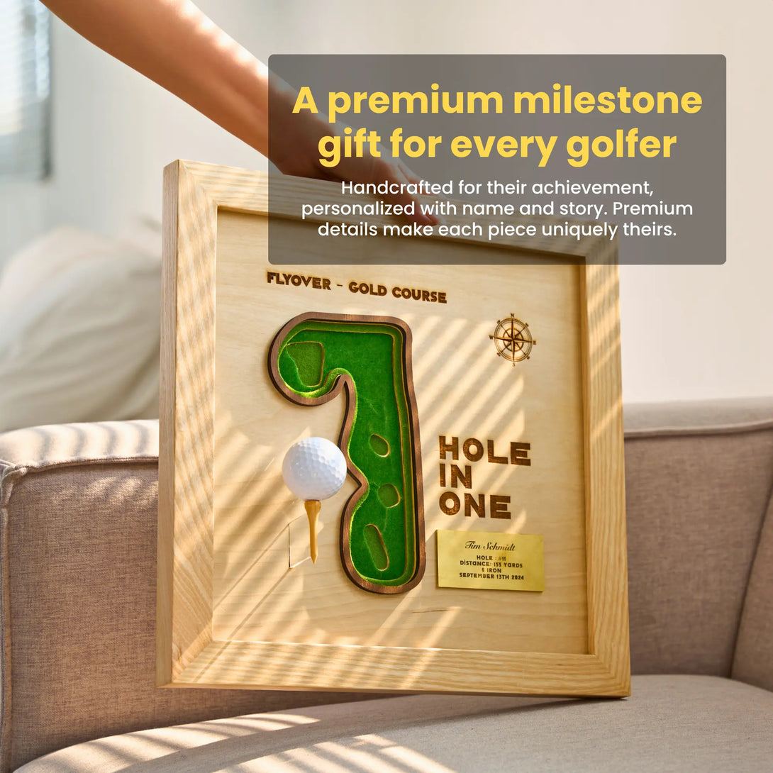 Wooden plaque with golf design and text 'Hole in One' on a couch.