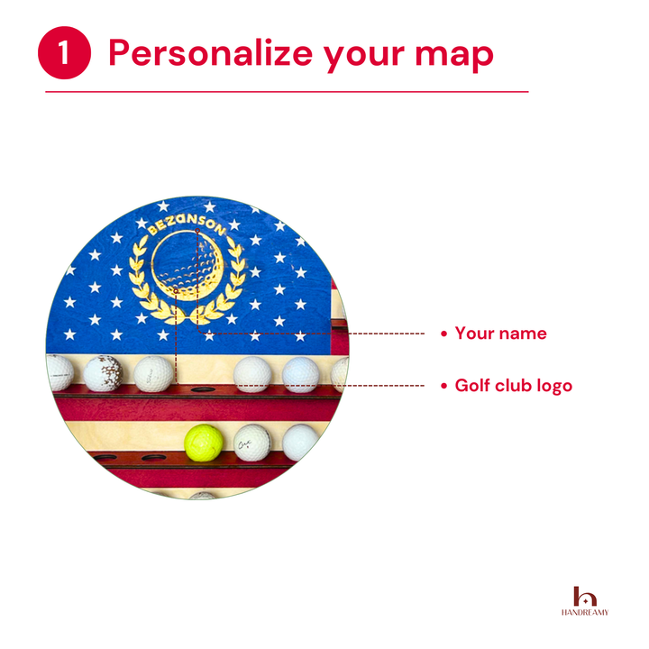 Golf-themed decorative item with American flag design, golf balls, and club logo on a white background.