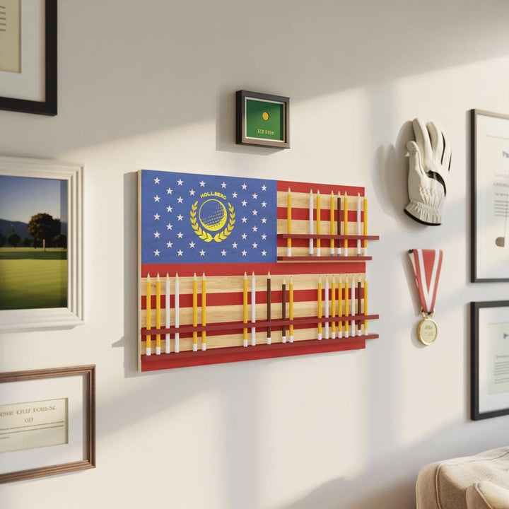 Wall with framed pictures, a golf-themed decorative panel, and a golf glove.