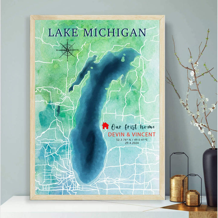 handpainted lake map art, lake map art, lake art, watercolor lake painting, lake painting, custom lake map, lake wall art, lake gift, lake house gift, our first home gift