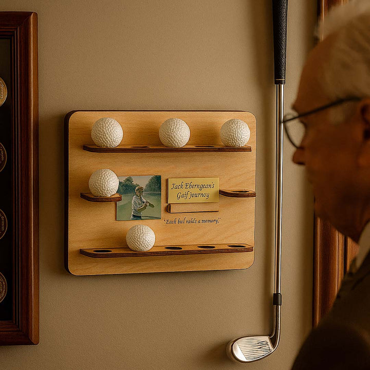 Wooden shelf with golf balls and a golf club on a wall, with a person partially visible.