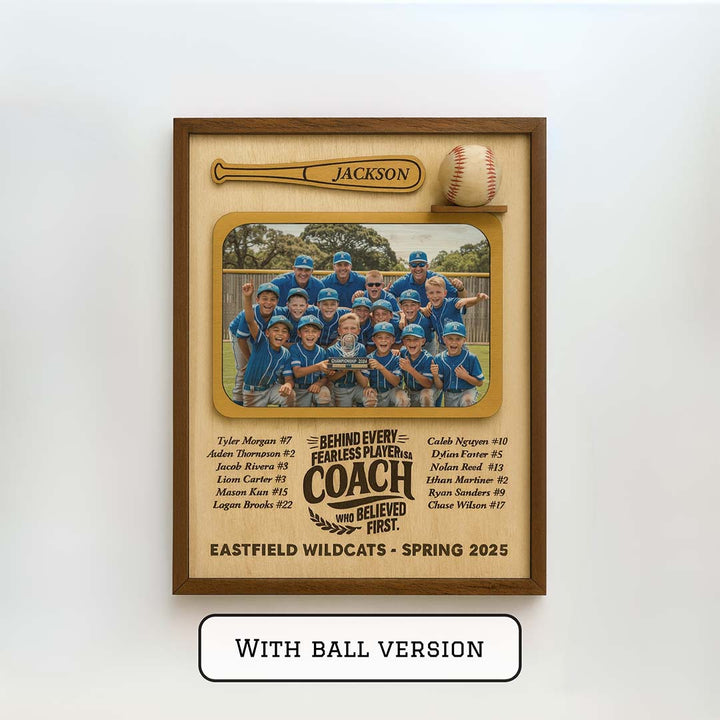 Wooden plaque with baseball bat, ball, and photo of a baseball team on a white wall.