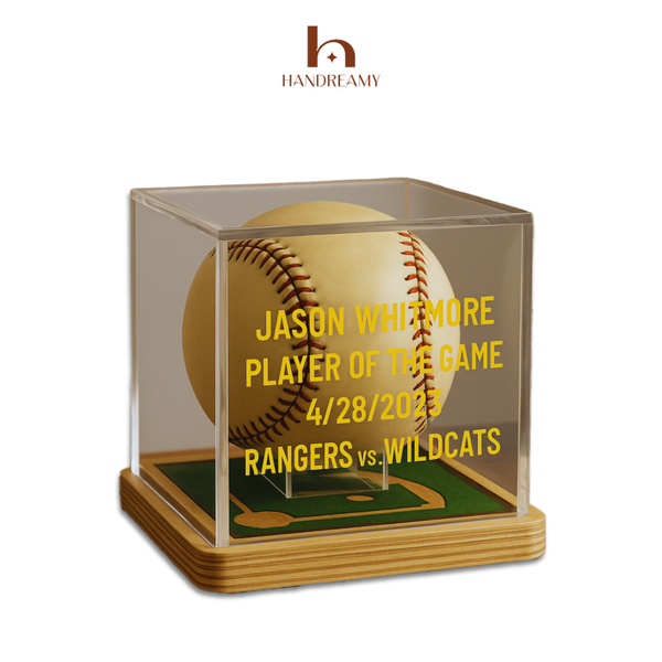 Baseball in a clear display case with personalized text on a white background