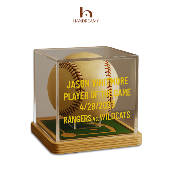 Baseball in a clear display case with personalized text on a white background