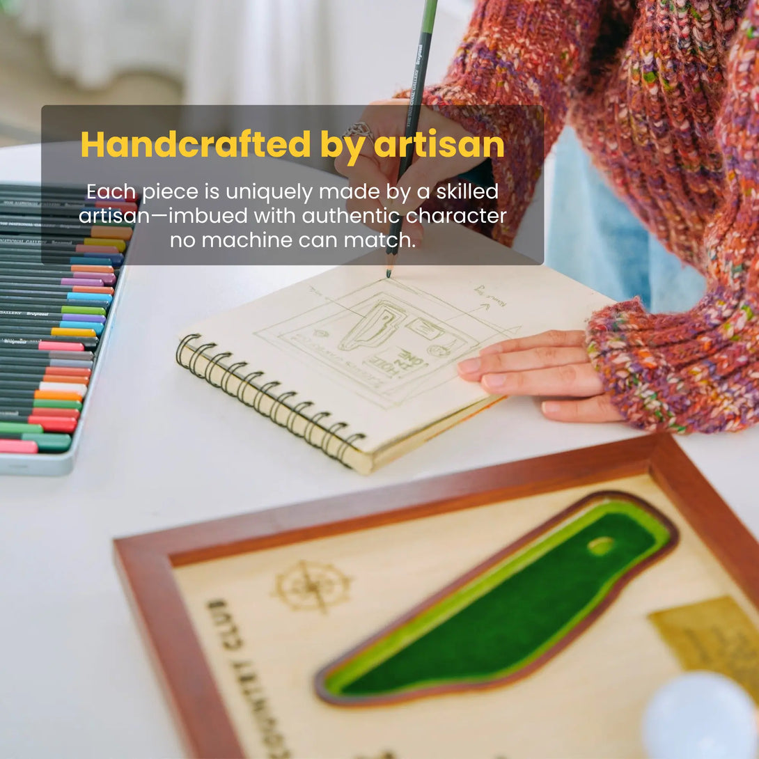 Person coloring with markers on a notepad, with text about artisan craftsmanship.