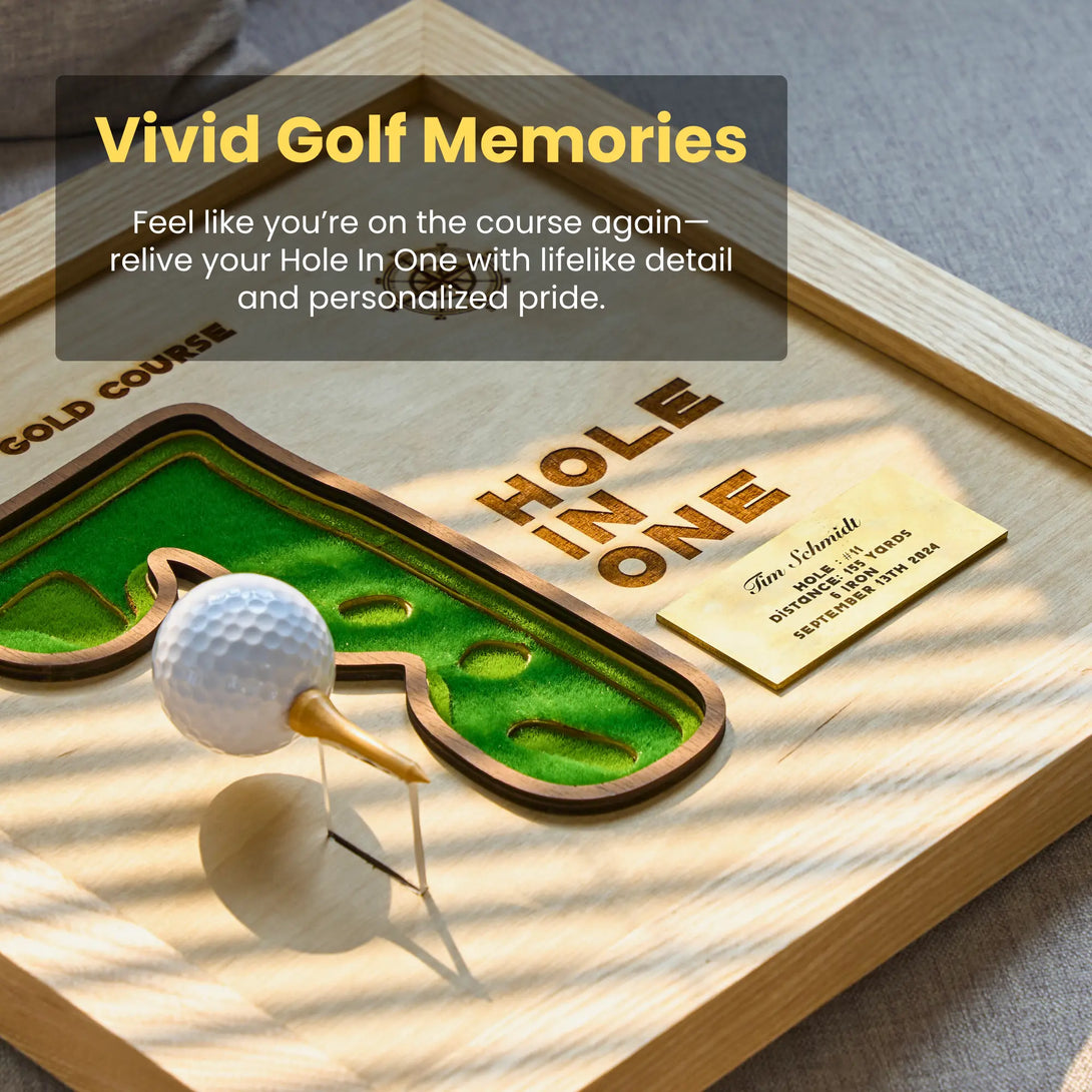 Golf-themed decorative item with a golf ball and personalized plaque on a wooden board.