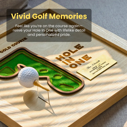 Golf-themed decorative item with a golf ball and club on a wooden base, featuring text about 'Vivid Golf Memories'.