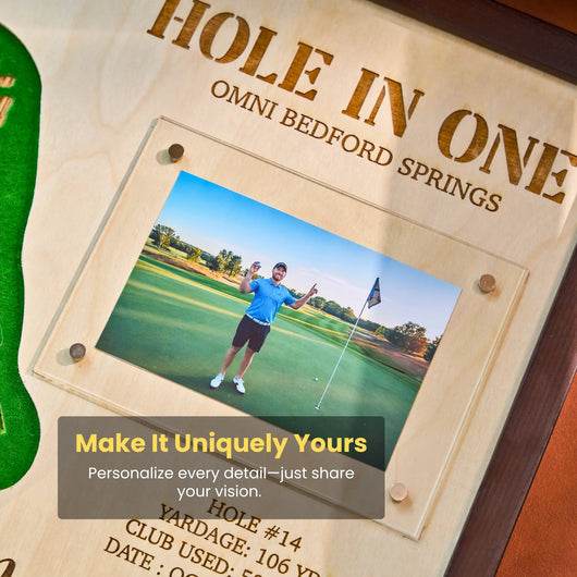 Golf-themed personalized plaque with a photo of a golfer on a green field.