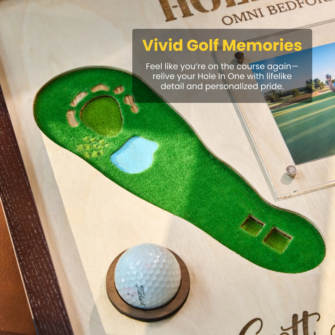 Golf-themed product with a golf ball and miniature green on a wooden surface, featuring text about vivid golf memories.