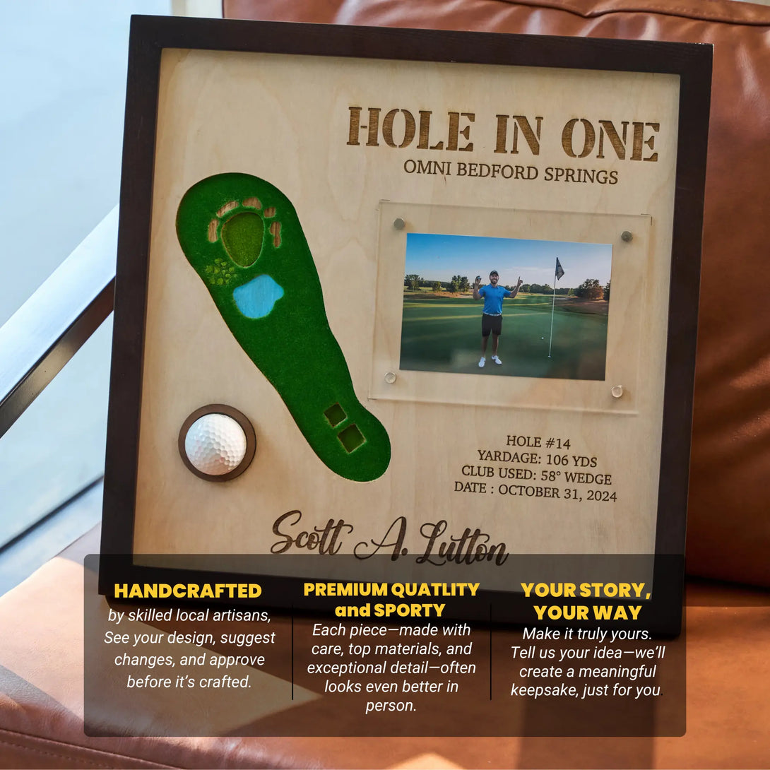 Personalized 'Hole in One' golf plaque with a photo of a golfer on a green background.