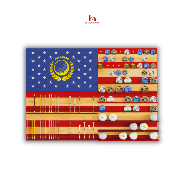 American flag design with sports-themed elements on a white background