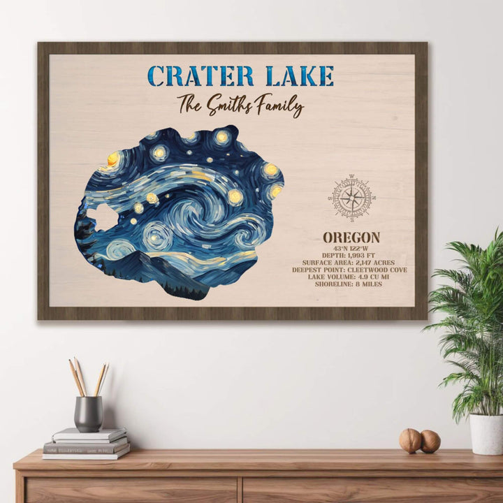 lake crater wood map, custom lake wood map, engraved lake map