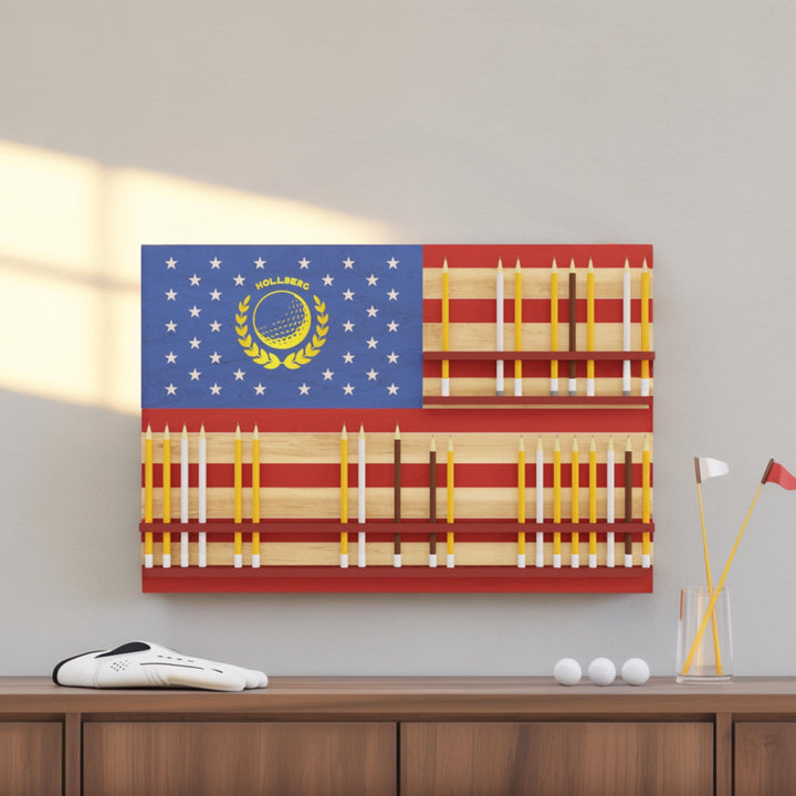 Canvas print of a flag design on a wall above a wooden shelf.