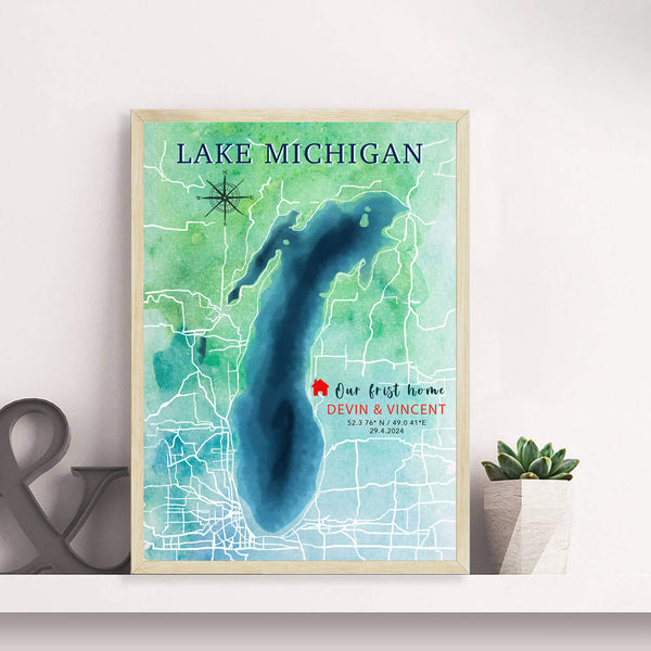 handpainted lake map art, lake map art, lake art, watercolor lake painting, lake painting, custom lake map, lake wall art, lake gift, lake house gift, our first home gift