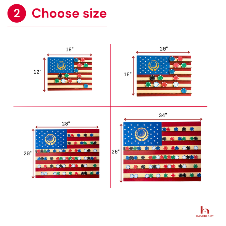 Flags with dimensions displayed for size selection on a white background
