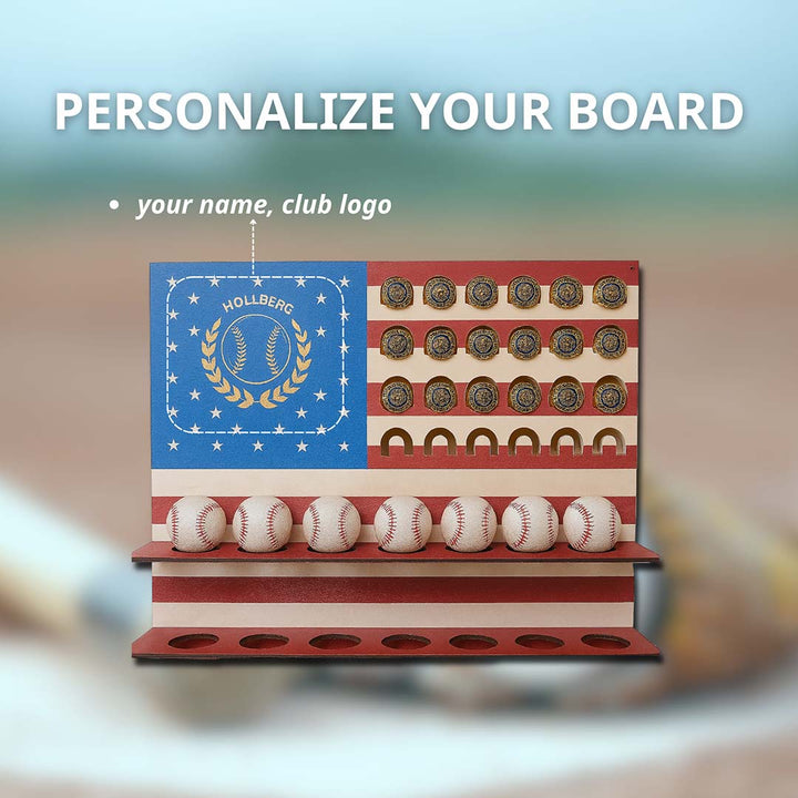 Baseball display board with American flag design and baseballs on a blurred background