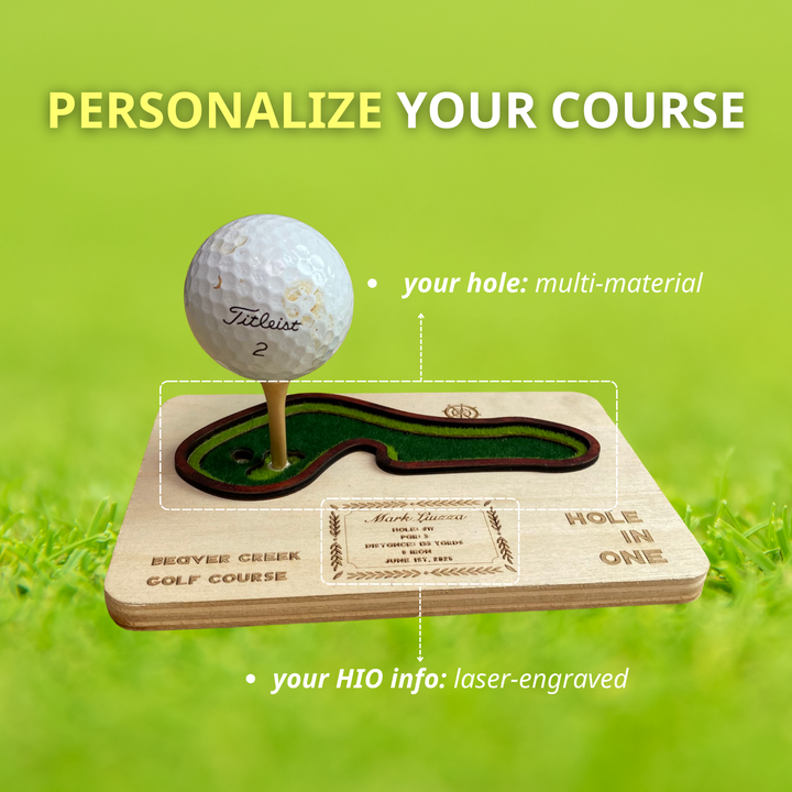 Golf ball on a miniature golf course model with text 'Personalize Your Course' on a green background.