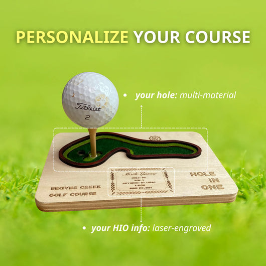 Golf ball on a wooden golf hole model with text 'Personalize Your Course' on a green background.