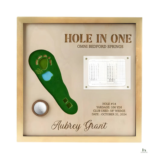 Framed golf-themed plaque with 'Hole in One' text and golf ball, green footprint, and scorecard.
