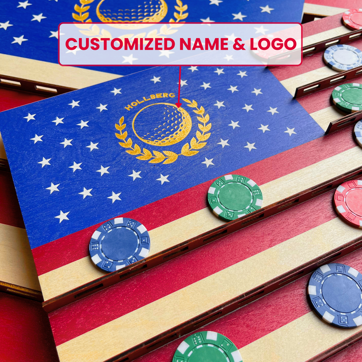 Customized name and logo on a flag-themed product with poker chips.