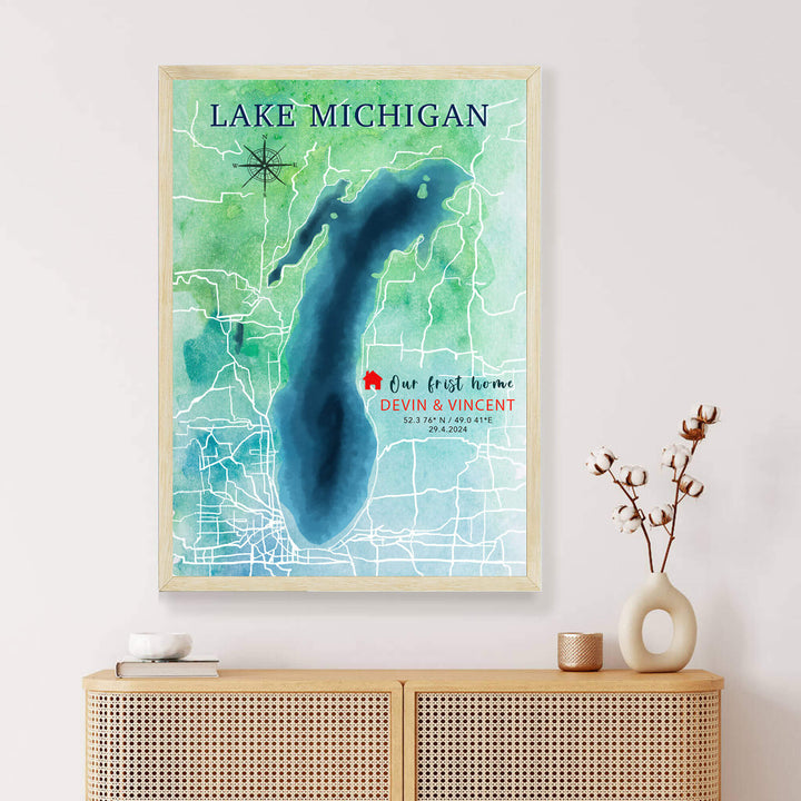 handpainted lake map art, lake map art, lake art, watercolor lake painting, lake painting, custom lake map, lake wall art, lake gift, lake house gift, our first home gift