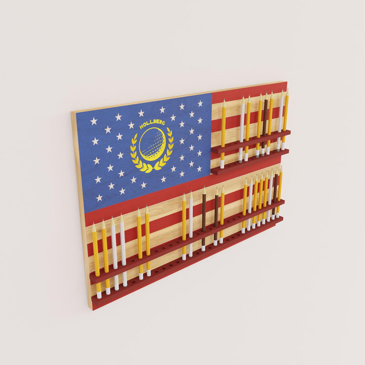 Wooden wall hanging with American flag design and golf club heads.