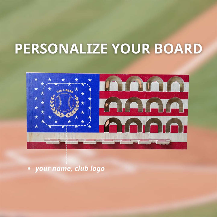 Baseball bat with personalized design on a blurred baseball field background