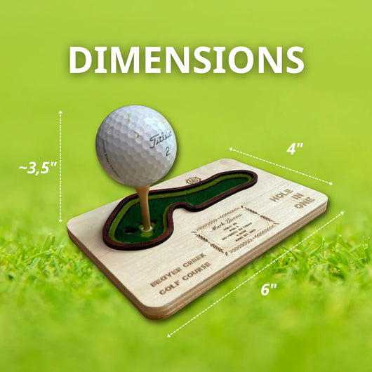Golf-themed wooden plaque with golf ball and dimensions on a grassy background