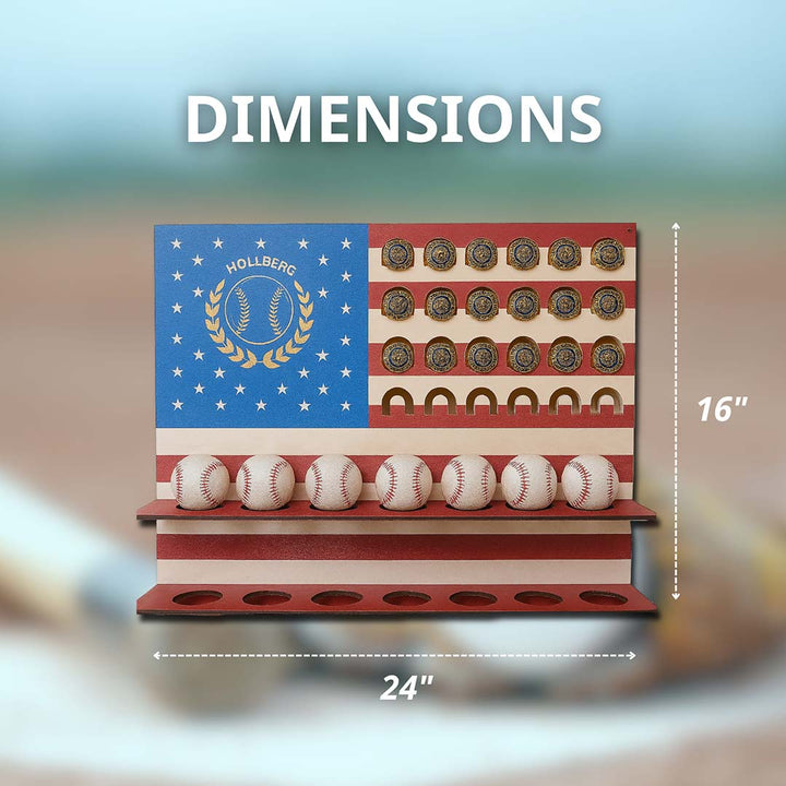 Baseball display case with American flag design and dimensions indicated.